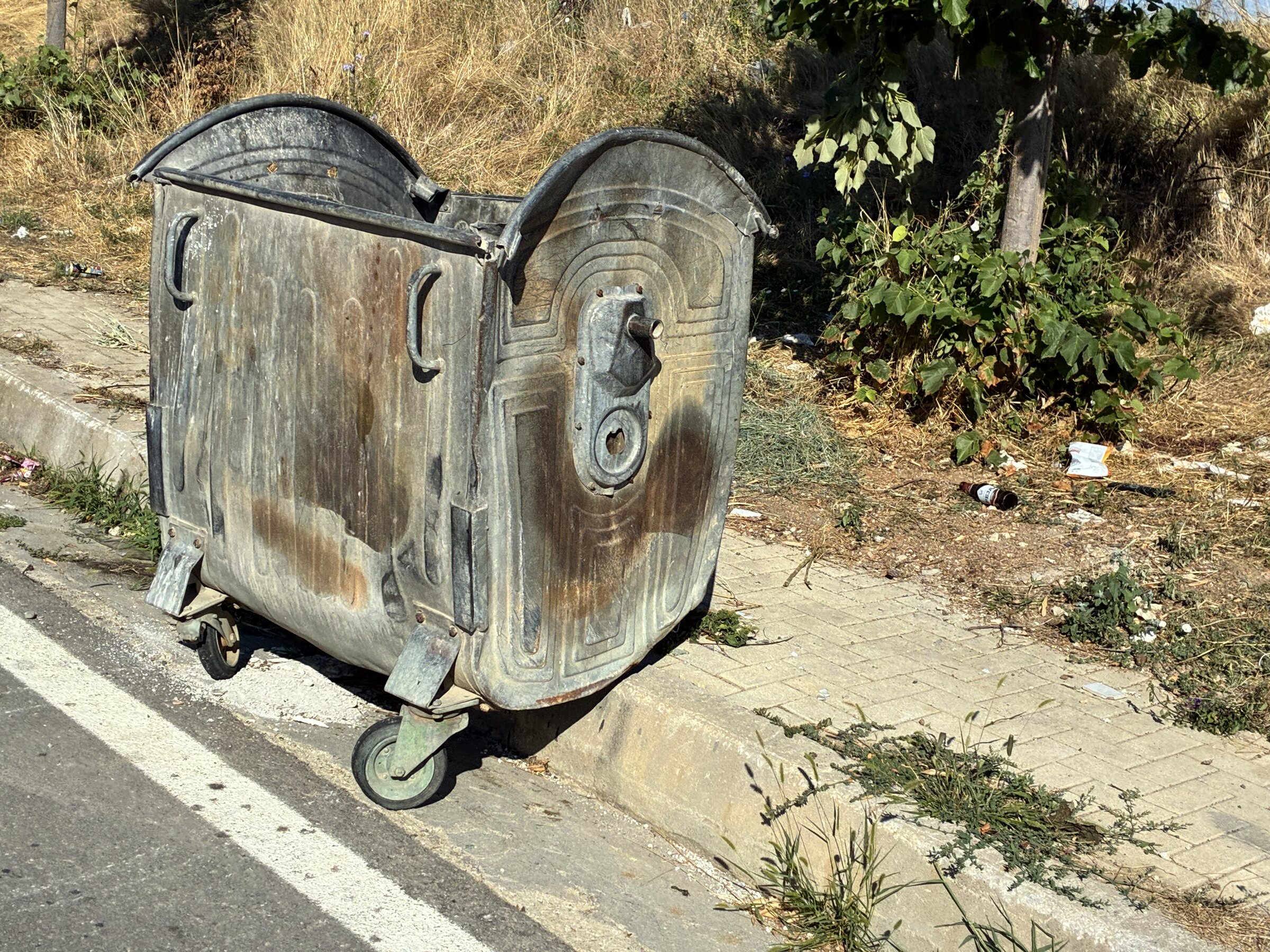 Alter Müllcontainer am Straßenrand